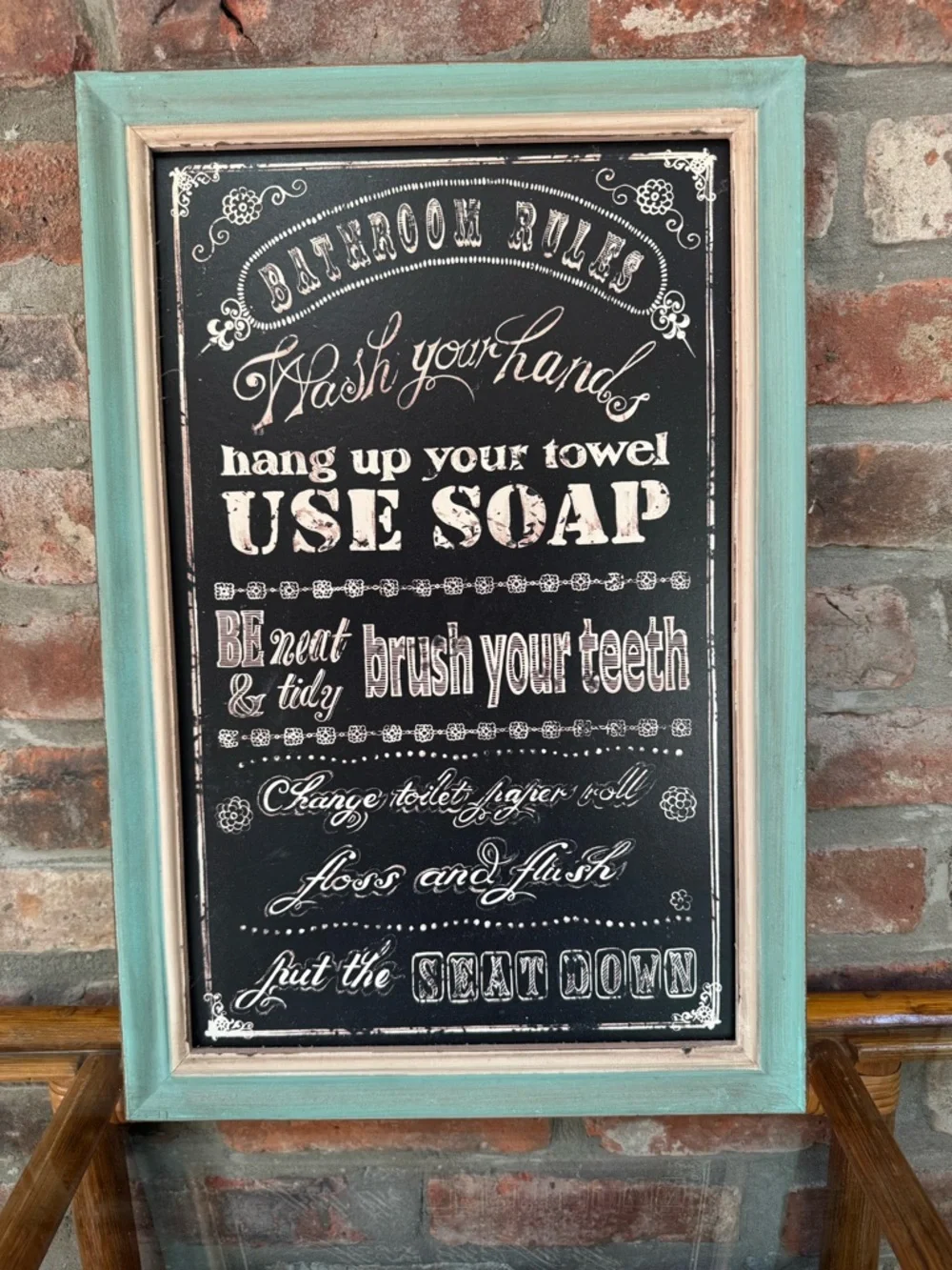 Hobby Lobby Teal and Cream Framed Bathroom Rules Chalkboard Sign